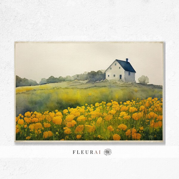 Scheune Poster 040323 | Dekor für modernes Bauernhaus, Vintage Scheune Kunstdruck, Ringelblumen Aquarell Wandkunst, antike Scheune Druck