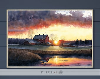 Farmhouse at Sunset Watercolor Print 237 | Modern Farmhouse Decor, Sunset Landscape Wall Art, Rustic Farm Scene