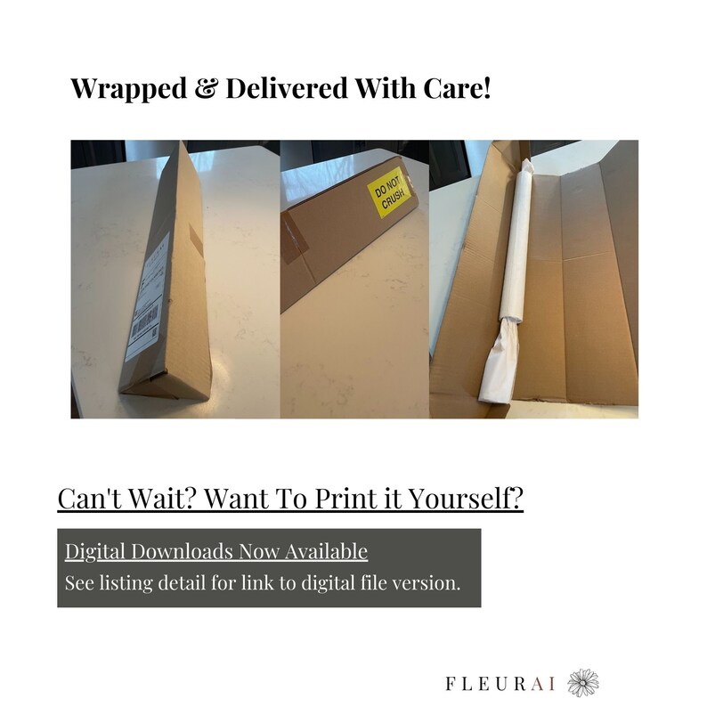 May include: Images of a package being prepared for delivery. The package is in a brown cardboard box with a "Do Not Crush" sticker. The text "Wrapped & Delivered With Care!" and "Digital Downloads Now Available" are also visible.