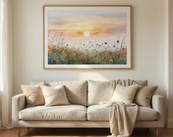Sunrise Wildflower Watercolor | Serene Farmhouse Landscape Wall Art - Unframed Matte Print