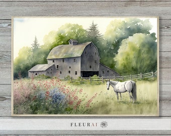 May include: Watercolor painting of a gray barn with a white horse in a field of wildflowers. The barn is surrounded by green trees and a wooden fence. The artwork is framed and has the text "FLEURAI" at the bottom.