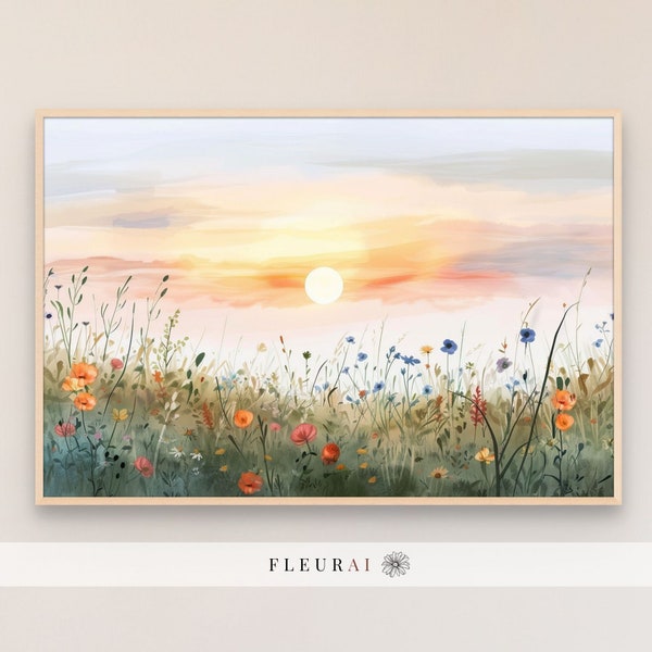 Lever de soleil fleurs sauvages 240213 | Art mural fleurs aquarelle - impression murale florale printanière, décoration murale ferme