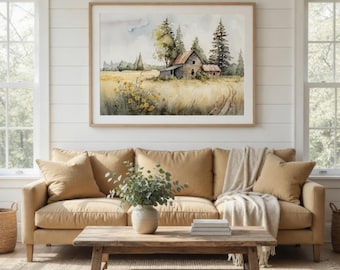 Impressão em aquarela de celeiro | Arte de parede neutra para casa de campo, paisagem campestre - Sem moldura
