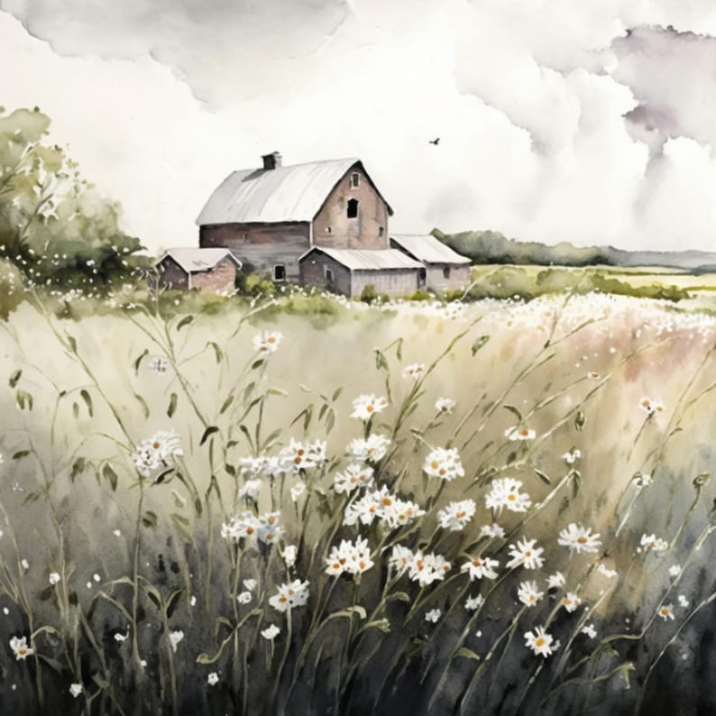 Affiche Toile Rustique Ferme Blanche 30x40 Cm – Grange, Fleurs & Campagne – Décoration Murale Sans Cadre