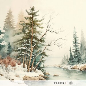May include: Watercolor painting of a snowy winter landscape. Evergreen trees are covered in snow, with a river flowing through the scene. The artwork has a soft, muted color palette with a dreamy quality.