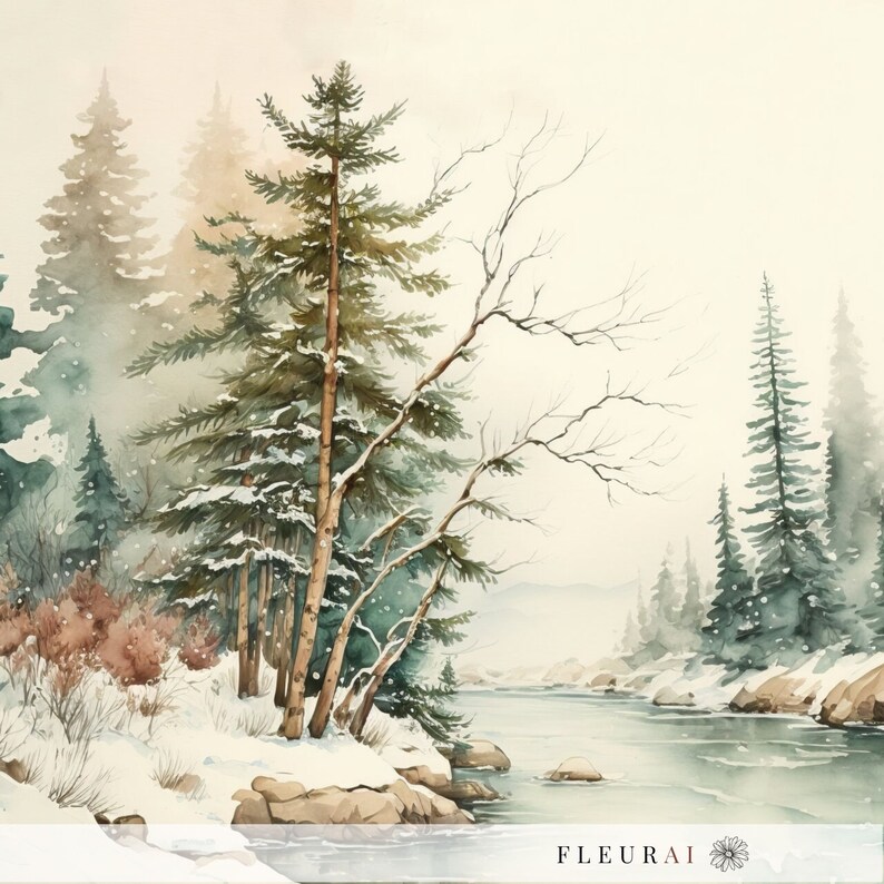 May include: Watercolor painting of a snowy winter landscape. Evergreen trees are covered in snow, with a river flowing through the scene. The artwork has a soft, muted color palette with a dreamy quality.