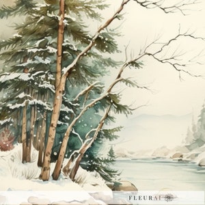 May include: Watercolor painting of a snowy winter landscape. Tall evergreen trees with snow-covered branches stand beside a river. The artwork features a muted color palette of greens, browns, and whites, evoking a serene, natural scene.