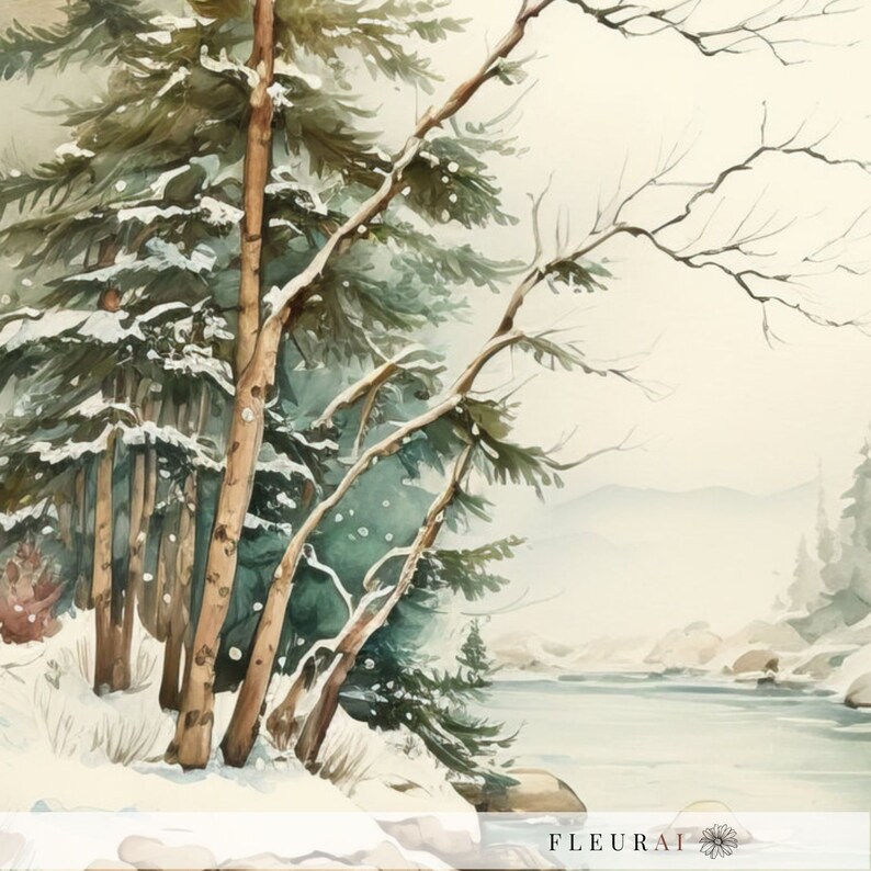 May include: Watercolor painting of a snowy winter landscape. Tall evergreen trees with snow-covered branches stand beside a river. The artwork features a muted color palette of greens, browns, and whites, evoking a serene, natural scene.