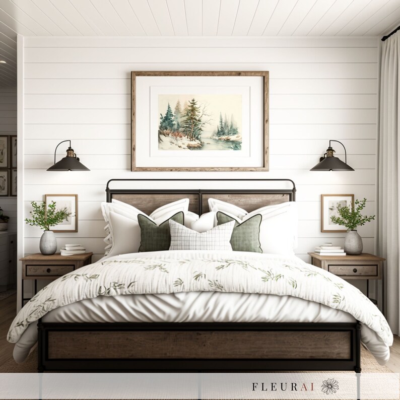 May include: A bedroom with a bed featuring a wooden headboard and a black metal frame. The bed is made with white bedding, green pillows, and a patterned comforter. A framed watercolor painting hangs above the bed, and two sconces flank it. Two nightstands with plants are on either side.
