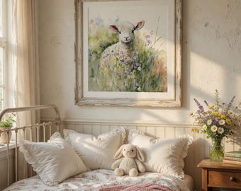 Lámina de acuarela de cordero primaveral / Decoración de pared para habitación infantil con ovejitas, prado de flores silvestres y animales de granja.