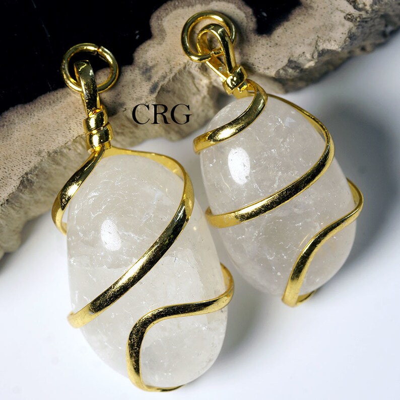 TU29DG Gold Plated Spiral Wrapped Tumbled QUARTZ CRYSTAL Pendant