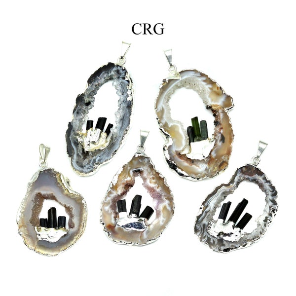 Geode Slice Pendant with Tourmaline Points - Silver Plated - Set of 4*