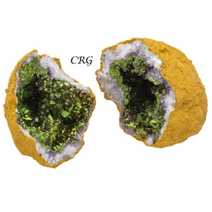 Titanium Aura Green Geode (2 Pieces) 2.5 to 4.5 Inches Yellow Shell Geode