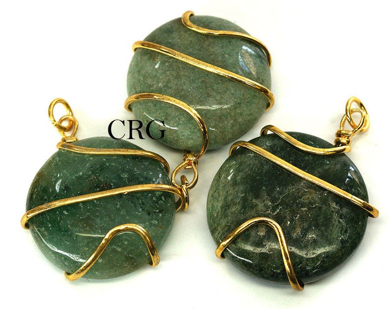 Gold Plated Round Spiral Wrapped Green Aventurine Pendant QTY-1 RS7DG