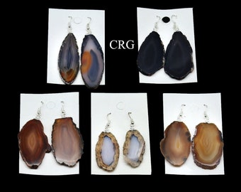Agate Slice Plain Earrings with Silver Plated Wire (1 To 2 Inches) (1 Pair)