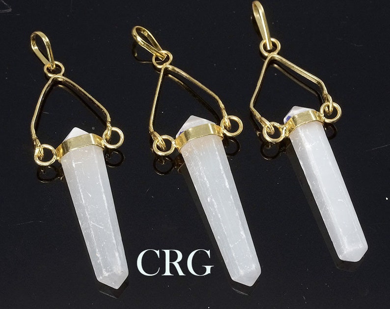 FP7DG Silver Plated Selenite Flat Point Pendant w// 7-Stone