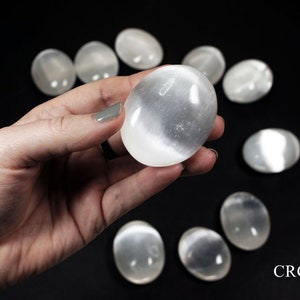 Selenite Palm Stone, 38 to 42 Millimeter Polished White Worry Stone, Morocco