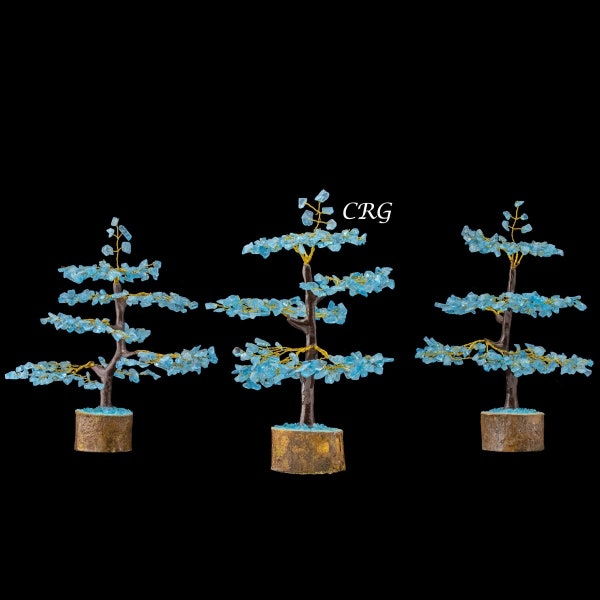 Blue Topaz 300 Chip Tree with Wood Base and Gold Wire (1 Piece) Size 9 Inches Crystal Gemstone Tree