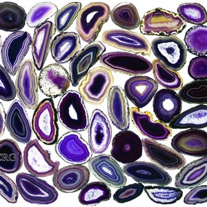 May include: A collection of 40 purple agate slices with varying patterns and sizes. The agate slices are arranged in a random pattern on a white background.