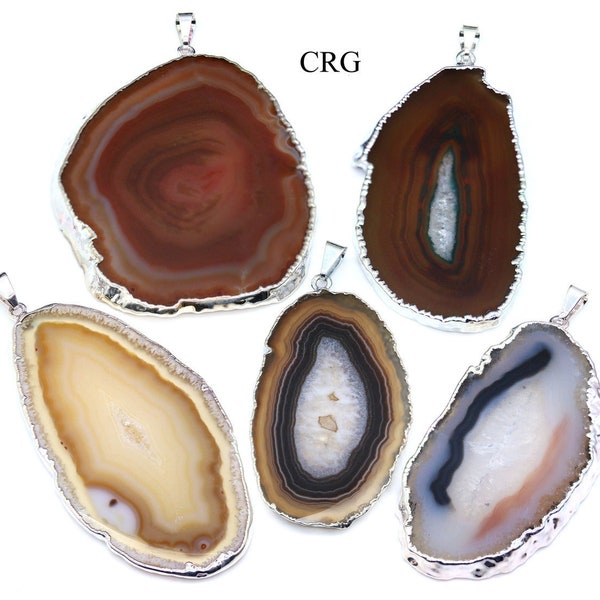 ENSEMBLE DE 4 - Pendentif en tranche d'agate naturelle plaqué argent 1,5"-2,5" en moyenne