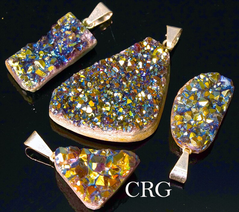 Rainbow Green Titanium Aura Amethyst Freeform Druzy Pendant w Silver Bail DR48CN