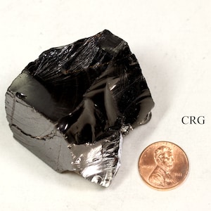 May include: A large, black, obsidian rock with a shiny, glassy surface. The rock is about the size of a penny.