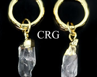 Clear Quartz Point Earrings with Gold Plated Hoop Closures (1 Inch) (1 Pair)