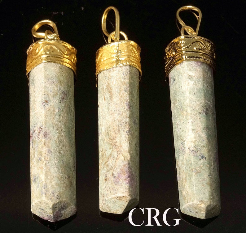 PT5DG Gold Plated Plated Ruby Fuchsite 3-Sided Point Pendant
