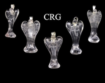 Kristalkwarts engel hanger met zilveren borgtocht (5 stuks) Maat 25 tot 35 mm Helder kristal edelsteensnijwerk