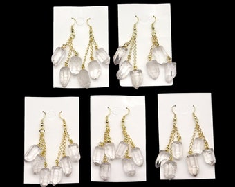 Clear Quartz Triple Point Earrings with Gold Plated Wire (2 Inches) (1 Pair)