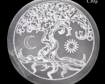 Selenite Engraved Tree of Life Plate (1 Piece) Size 4 Inches Crystal Gemstone Decor