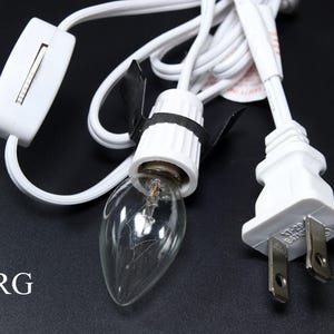 May include: A white electrical cord with a clear light bulb, an on/off switch, and a two-pin plug. The light bulb is in a white socket with a black clip. The text "CRG" is in the lower left corner.