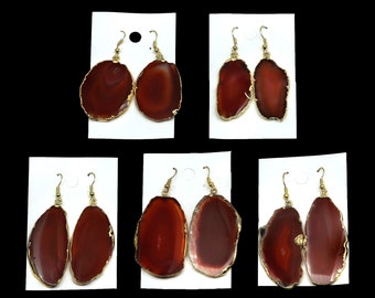 Red Amber Agate Slice Earrings with Gold Plating (1 Pair) Wholesale Crystal Gemstone Jewelry