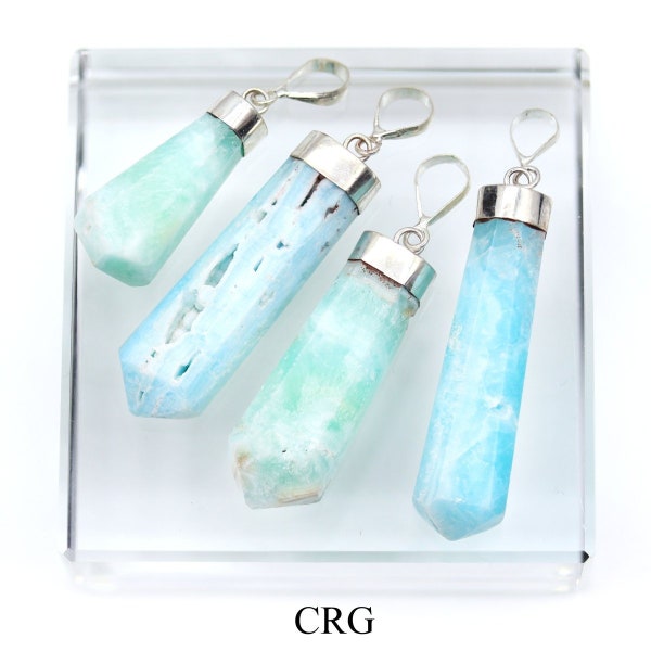 Blue Aragonite and Caribbean Calcite Point Pendant with Silver Plating (1 Piece) Size 1.5 to 2 Inches 8-Sided Charms