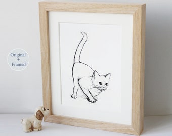 Katze Skizze Original Bewegung Tier-Tier-Zeichnung, Skizze/Kohlezeichnung, abstrakte Kunst, gerahmt 8 X 10'' Geschenk Wand Dekor Home Decor