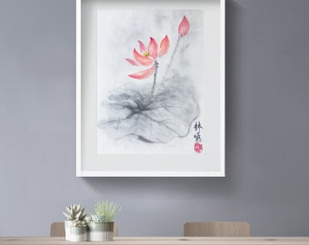 Original Lotus Watercolor Flower Painting/Chinese ink painting–Flower Watercolor Abstract art Painting,16X20inch Wall Decor Home Decor