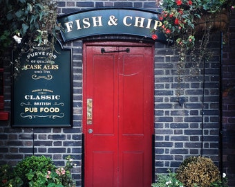 The Door, London, England, Pub, Fish and Chips, Architecture, England, Red Door, Photography, Color Print