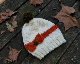 Knit Hat Beanie, Unisex Knit Slouchy Beanie White and Orange, White1 Knit Hat, Pom Pom Hat, Bobble Hat - Bow Knit Beanie