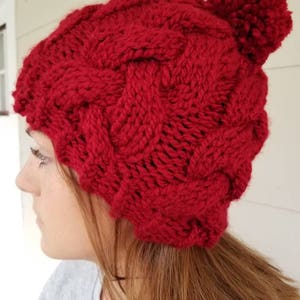 Red Braided Cable Beanie - Chunky Red Cable Knit Pom Pom Hat - Red Knit Beanie - Cable Knit Hat - Women&#39;s Accessories - Pom Pom Beanie