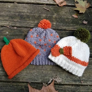 KARIE Child Knit Hat Pom Pom Hat Fall Baby Beanie White and Orange Child Bobble Hat Bow Baby Ski Hat Toddler Hat Kid Beanie image 5
