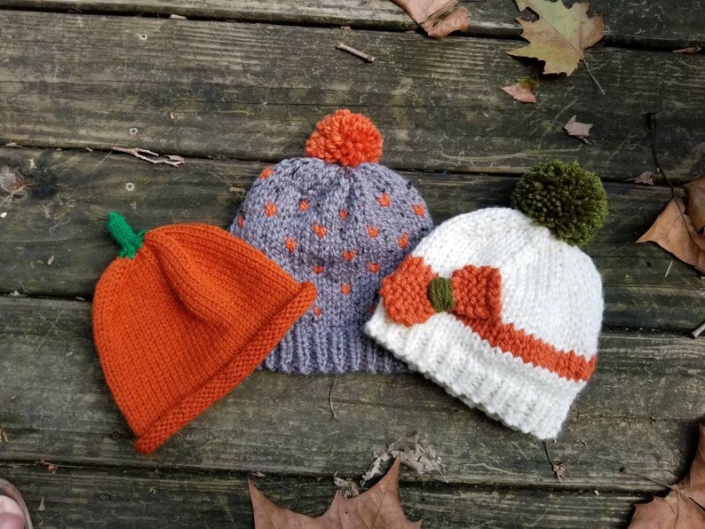 KARIE Child Knit Hat Pom Pom Hat Fall Baby Beanie White and Orange Child Bobble Hat Bow Baby Ski Hat Toddler Hat Kid Beanie image 5