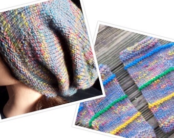 Gray and Multi-Color Flecked Slouchy Hat and Upcycled Knit Fingerless Gloves Gift Set