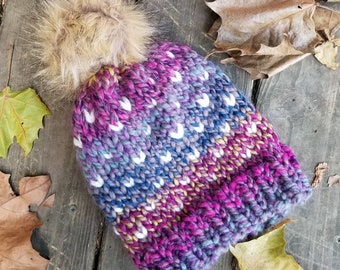 Knit Hat Beanie, Unisex Knit Beanie, Purple Knit Hat, Fair Isle Hat, Fur Pom Pom