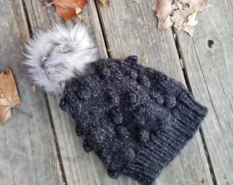 Knit Bobble Hat Beanie, Unisex Knit Beanie, White Knit Hat, Bobble Hat, Fur Pom Pom