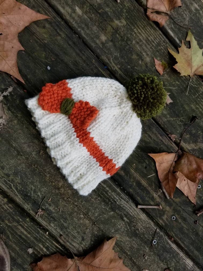 KARIE Child Knit Hat Pom Pom Hat Fall Baby Beanie White and Orange Child Bobble Hat Bow Baby Ski Hat Toddler Hat Kid Beanie image 3