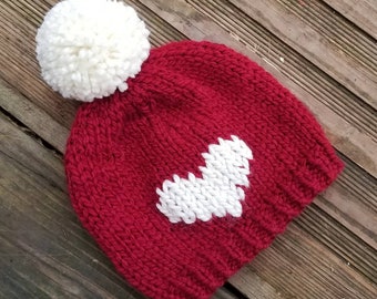 Child Knit Hat - Pom Pom Hat - Heart Baby Beanie - Child Bobble Hat - Baby Ski Hat -  Toddler Hat - Kid Beanie - Kids Hat