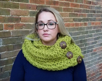 Outlander Inspired Mossy Green Infinity Scarf - Cowl Scarf - - Herringbone Infinity Scarf - Green Knit Scarf with Buttons