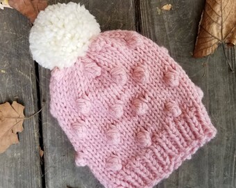 Pink Child Knit Hat - Pom Pom Hat - Pink Baby Beanie - Child Bobble Hat - Baby Ski Hat -  Toddler Hat - Kid Beanie - Kids Hat