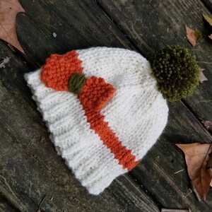 KARIE Child Knit Hat Pom Pom Hat Fall Baby Beanie White and Orange Child Bobble Hat Bow Baby Ski Hat Toddler Hat Kid Beanie image 2