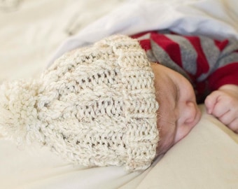 White Knit Baby Pom Pom Hat - Off White Baby Beanie - White Baby Beanie - Baby Ski Hat -  Toddler Hat - Kid Beanie - Kids Hat